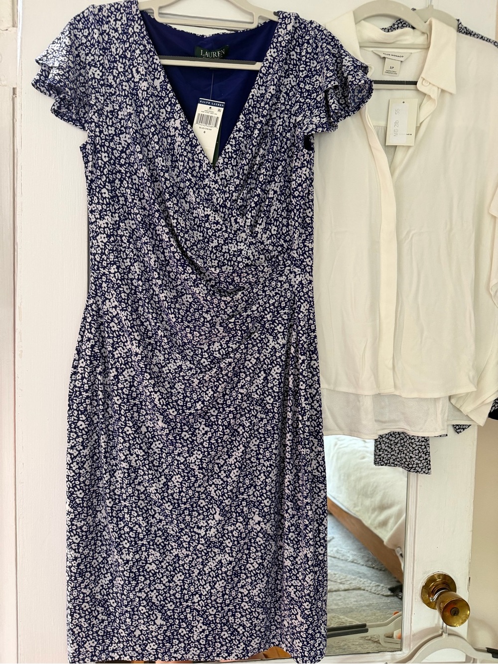 Ralph Lauren Navy and White Floral Faux-Wrap Midi Dress